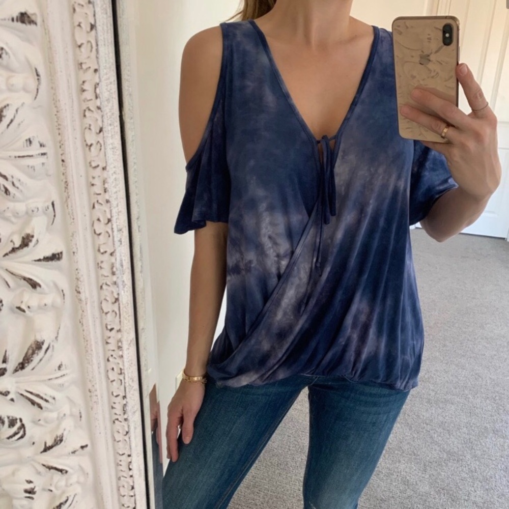 Blue Tie Dye Draped Cold Shoulder Top / Small / Worn Once!